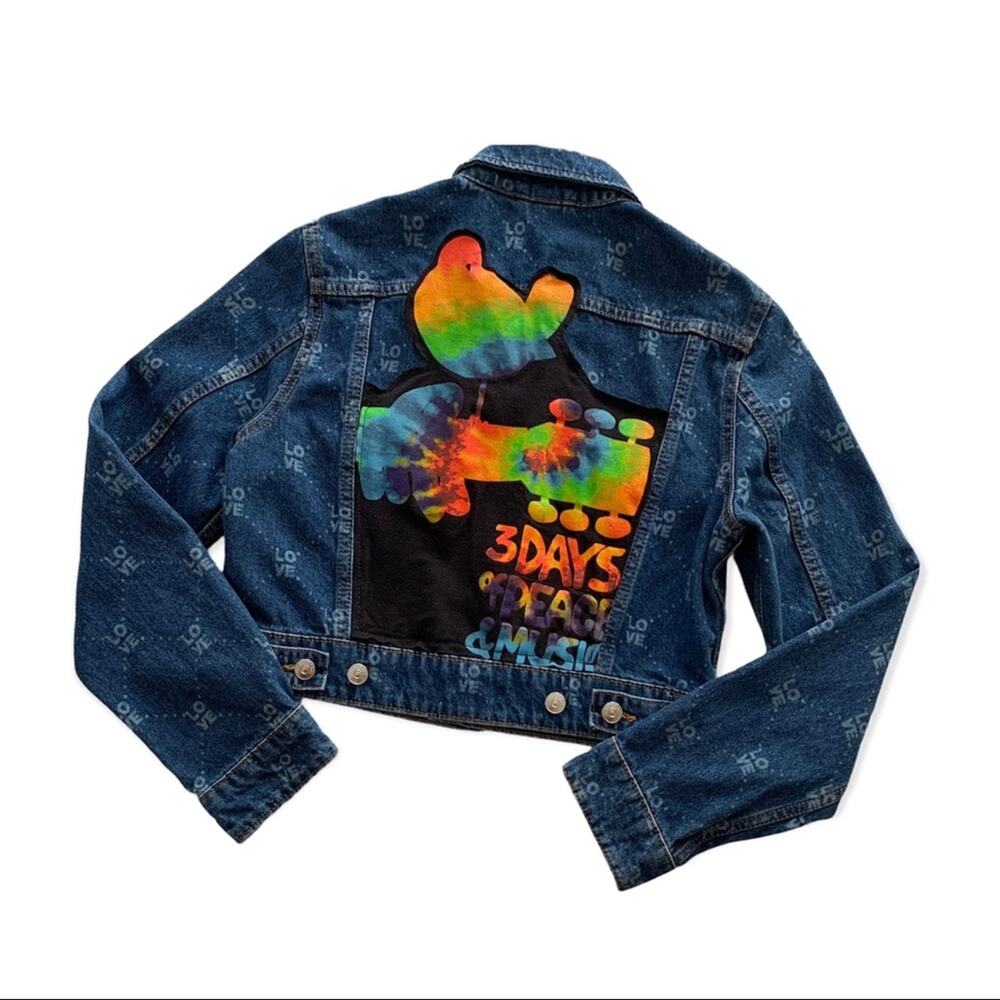 Reworked Apparel Woodstock Music Festival Graphic Denim Jacket Upcycled Small